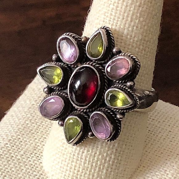 Sterling Silver Amethyst Peridot Garnet Flower Cocktail Ring Vintage